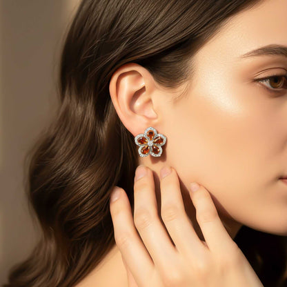 Silver Floral Garnet Stud Earrings for Women