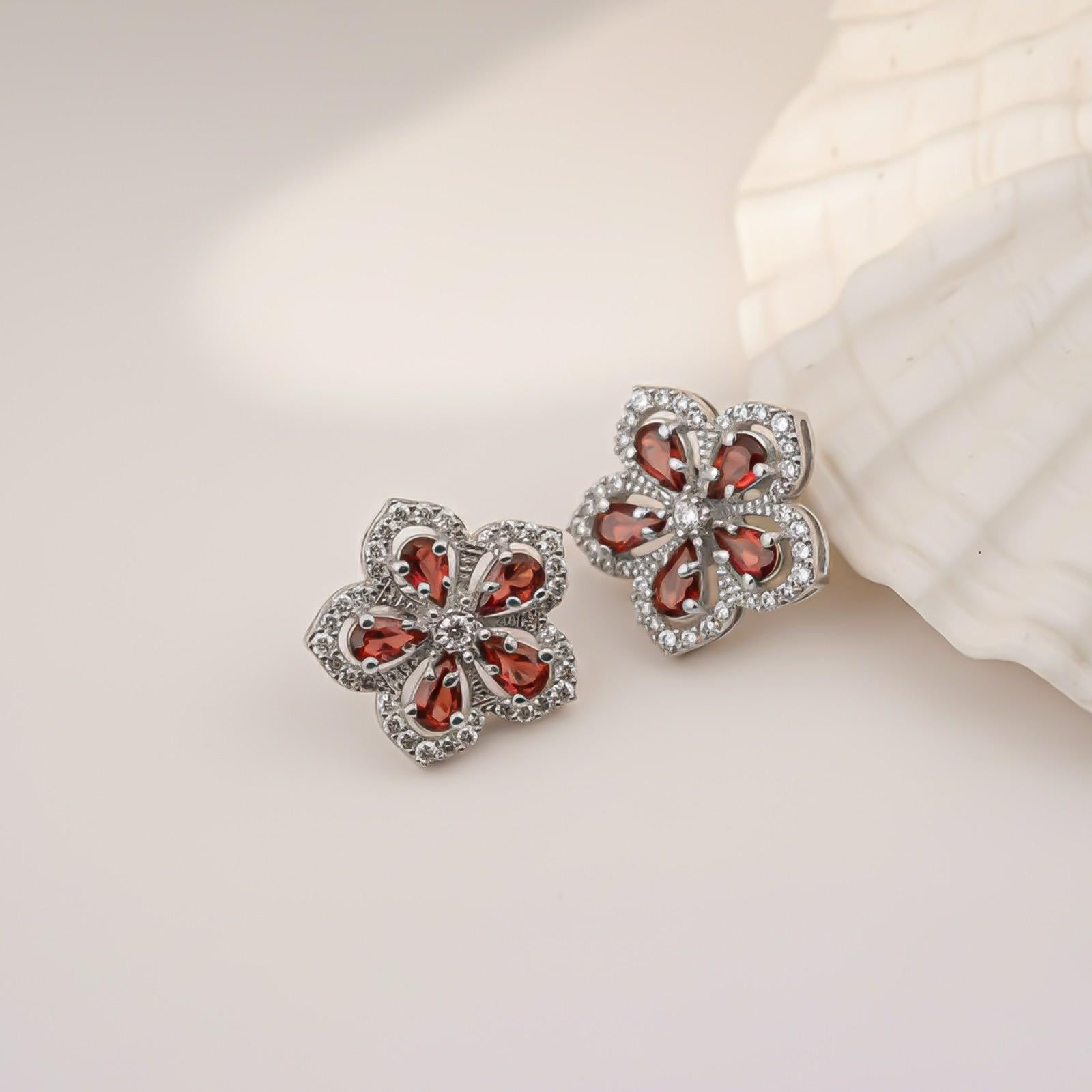 Silver Floral Garnet Stud Earrings for Women