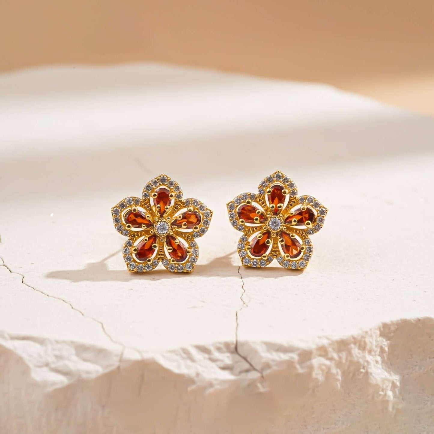 Silver Floral Garnet Stud Earrings for Women