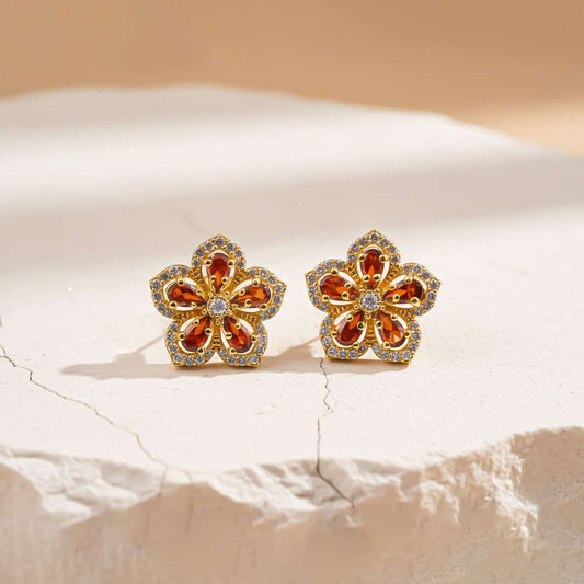 Silver Floral Garnet Stud Earrings for Women