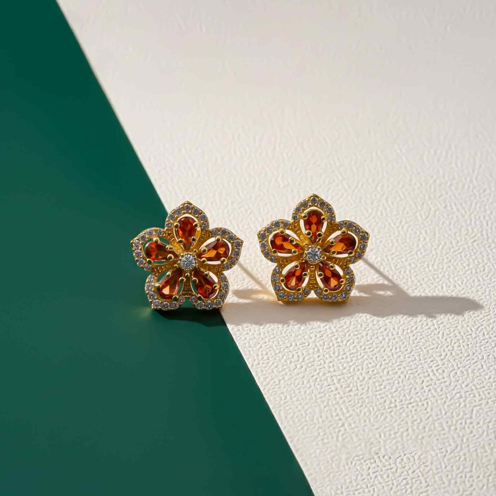 Silver Floral Garnet Stud Earrings for Women