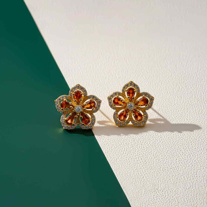 Silver Floral Garnet Stud Earrings for Women
