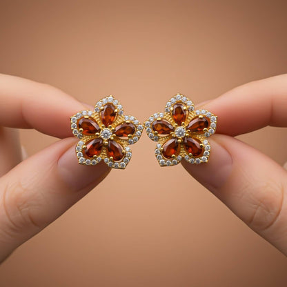 Silver Floral Garnet Stud Earrings for Women