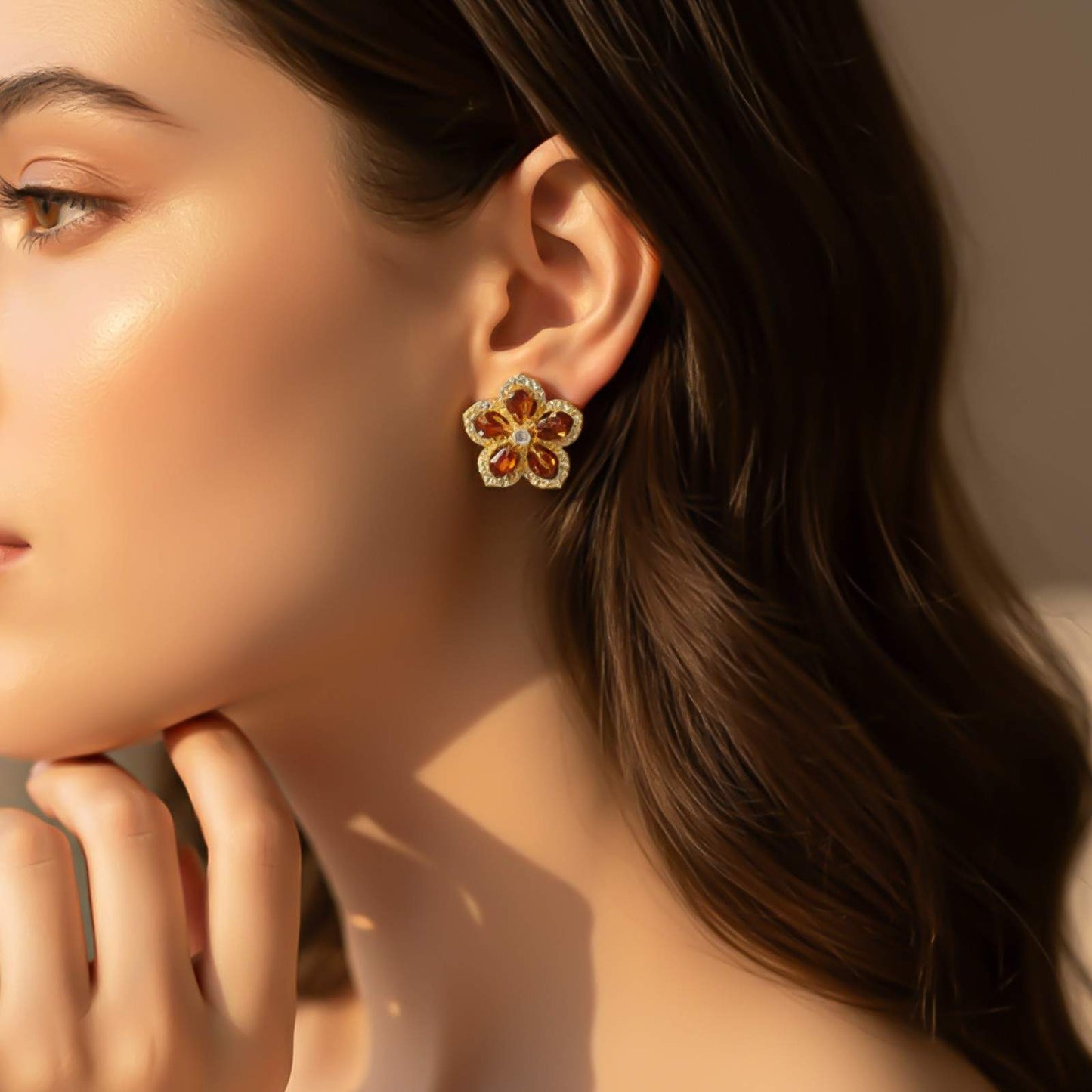 Silver Floral Garnet Stud Earrings for Women