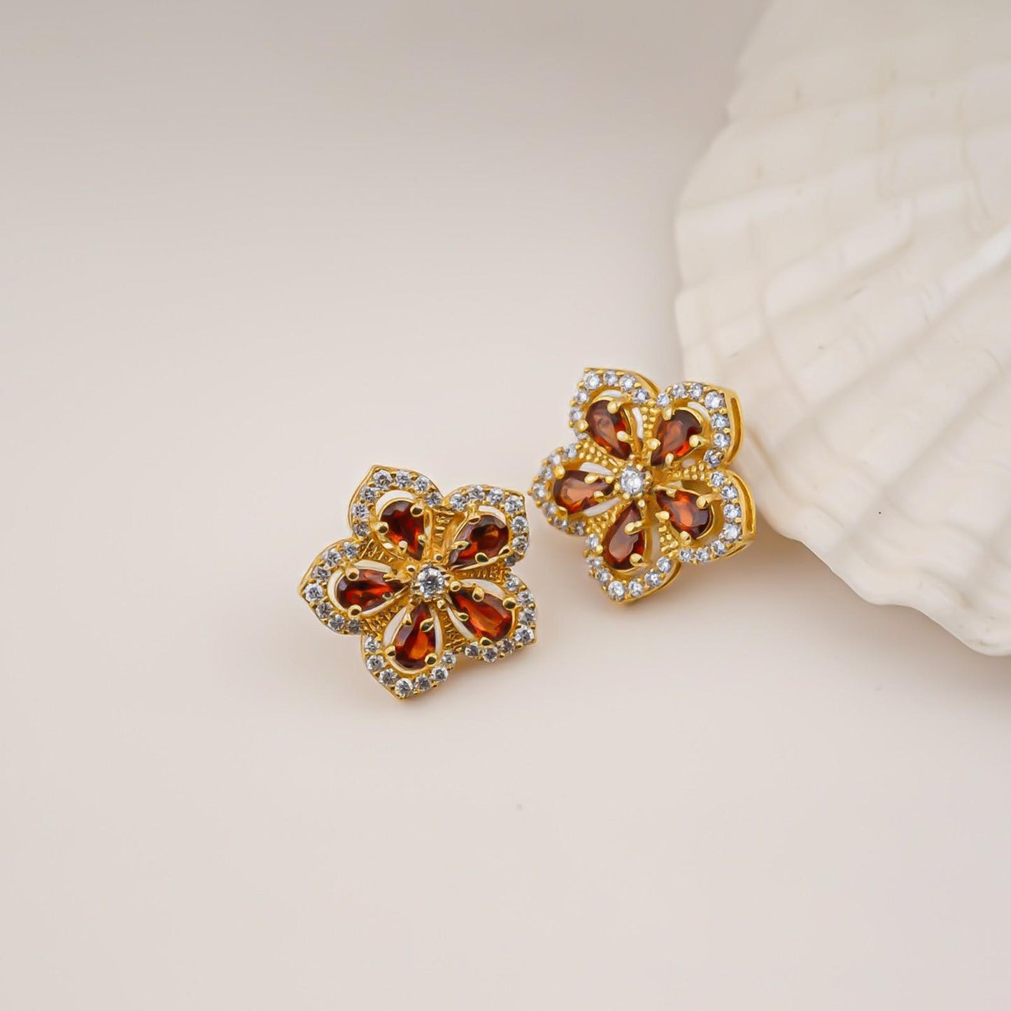 Silver Floral Garnet Stud Earrings for Women