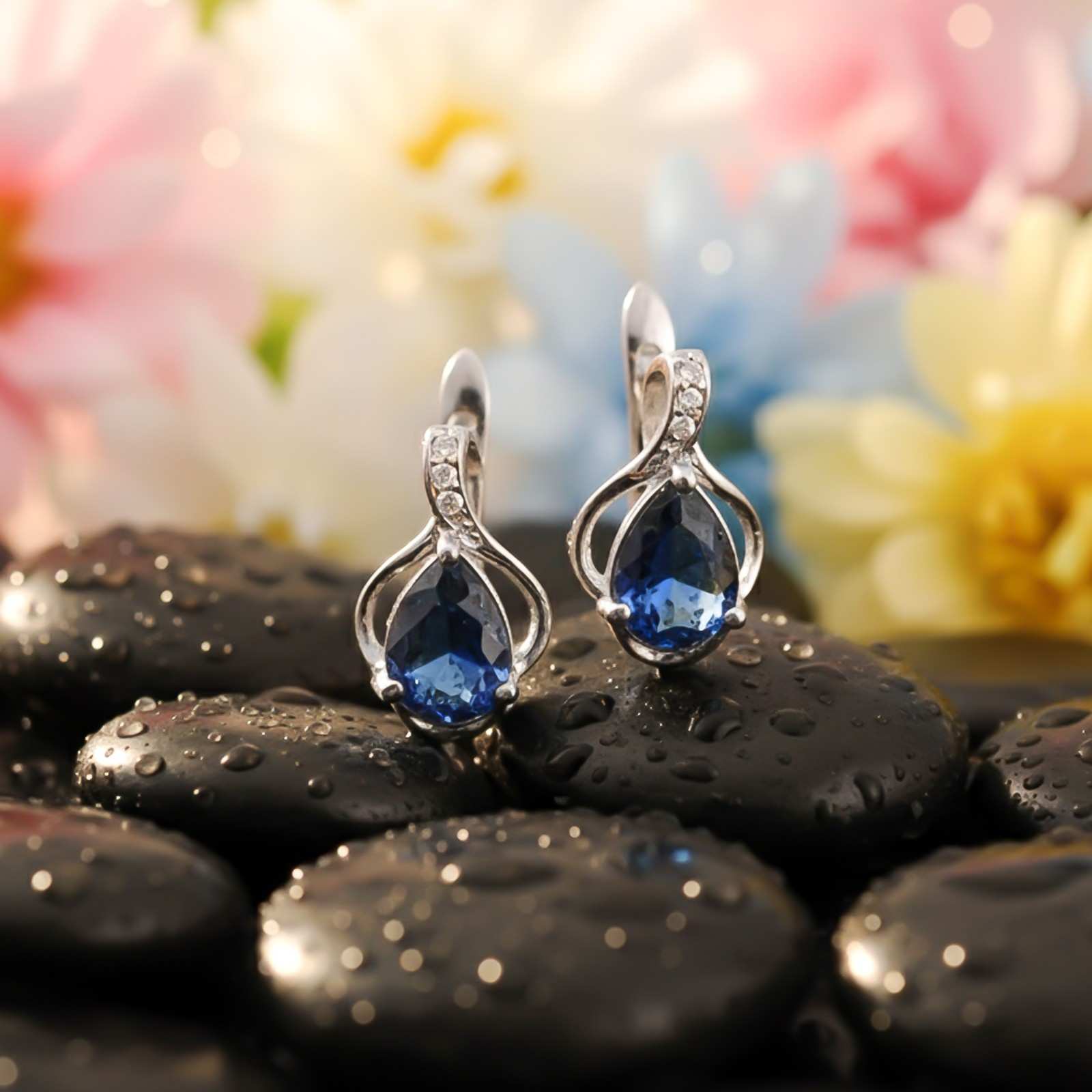Silver Blue Sapphire Teardrop Designer Earrings