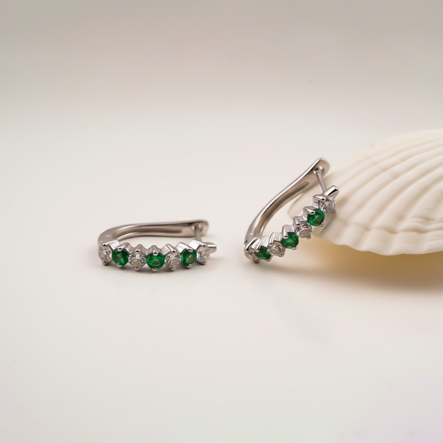 Silver Emerald Half Hoop Earrings for Women