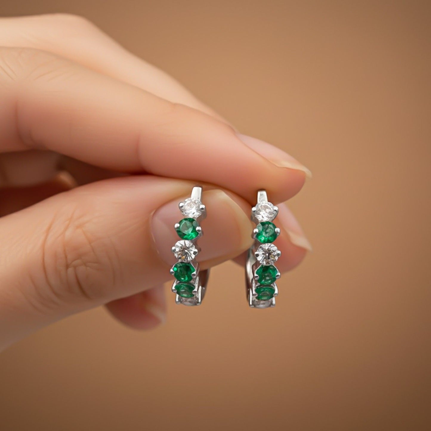 Silver Emerald Half Hoop Earrings for Women
