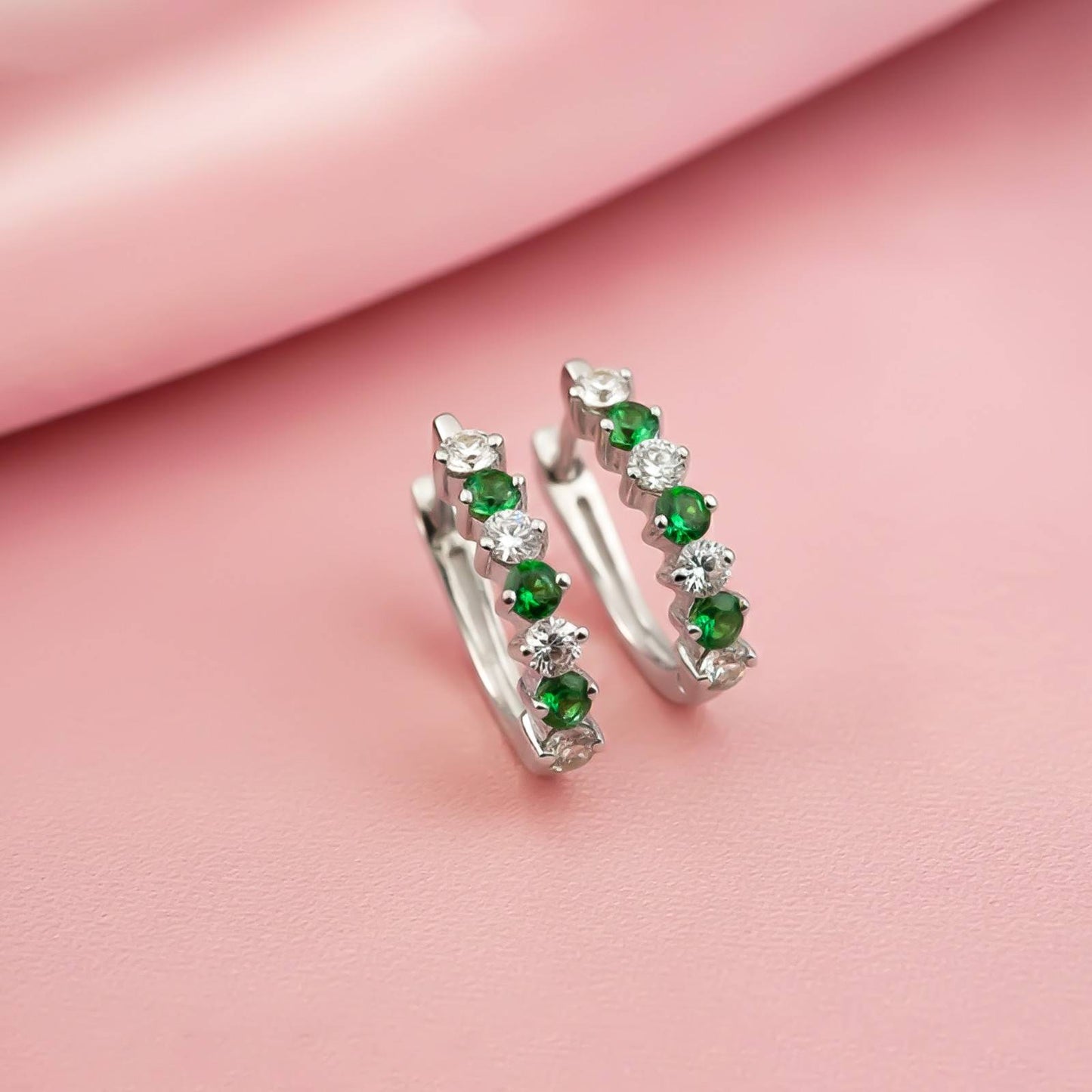 Silver Emerald Half Hoop Earrings for Women