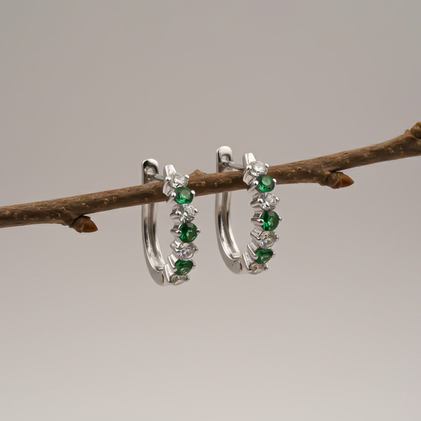 Silver Emerald Half Hoop Earrings for Women
