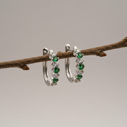 Silver Emerald Half Hoop Earrings for Women