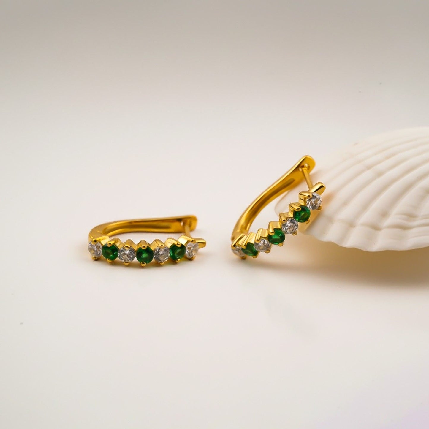 Silver Emerald Half Hoop Earrings for Women