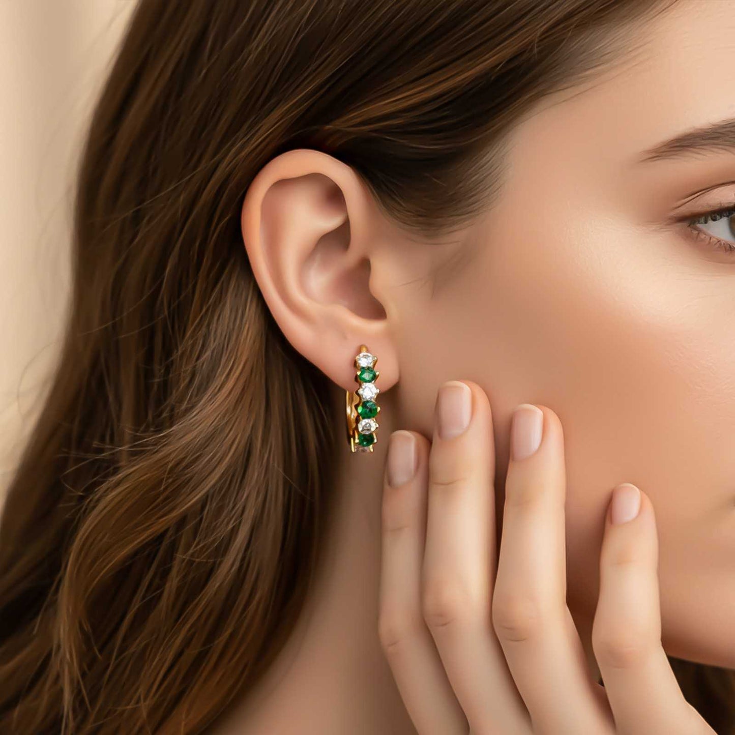 Silver Emerald Half Hoop Earrings for Women