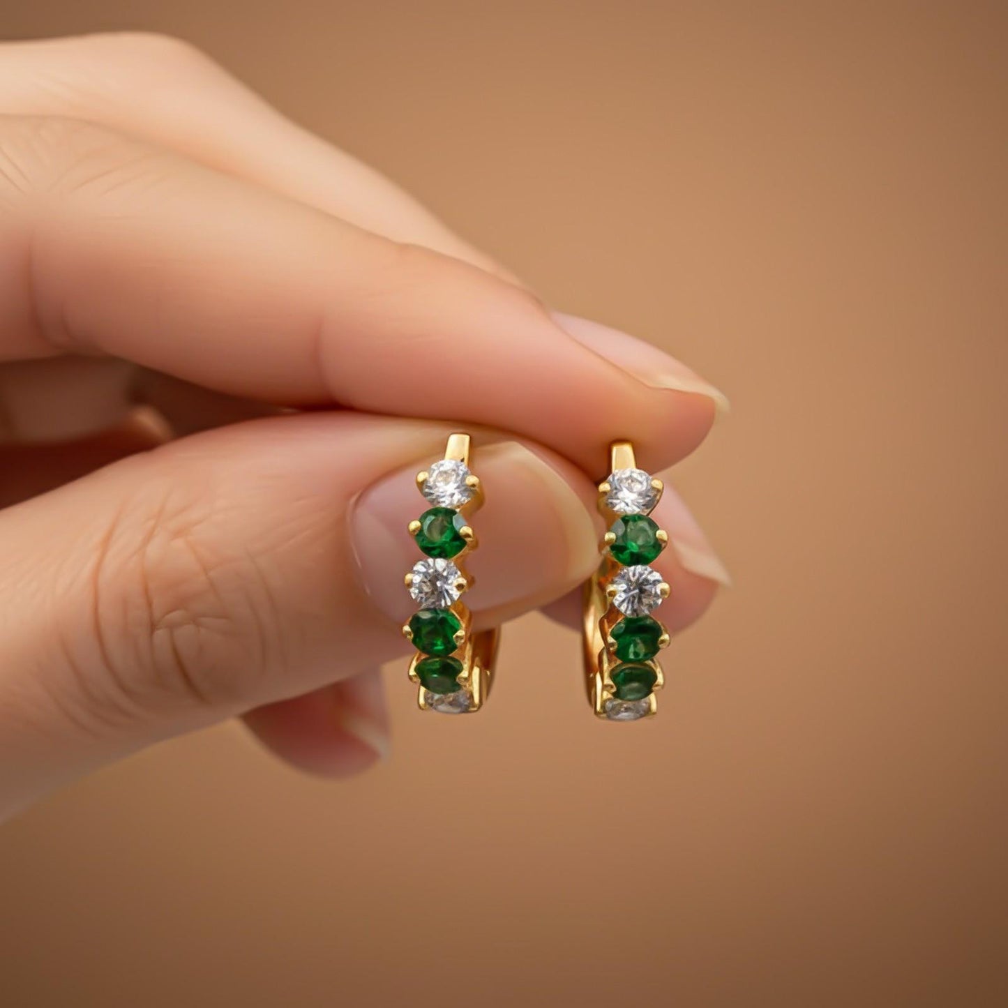 Silver Emerald Half Hoop Earrings for Women