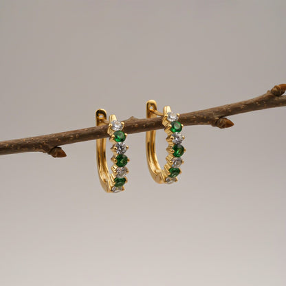 Silver Emerald Half Hoop Earrings for Women