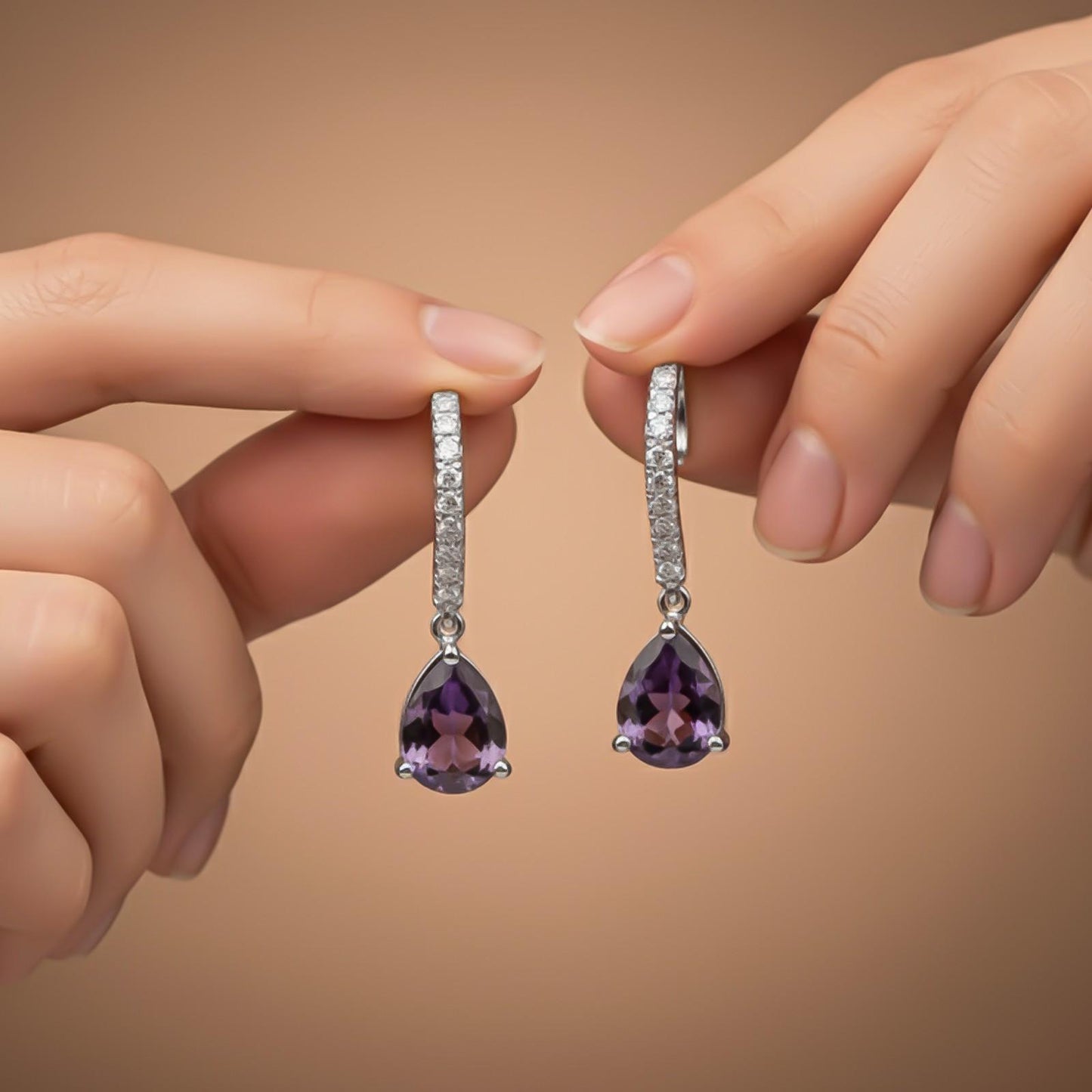Silver Amethyst Teardrop Dangle Earrings