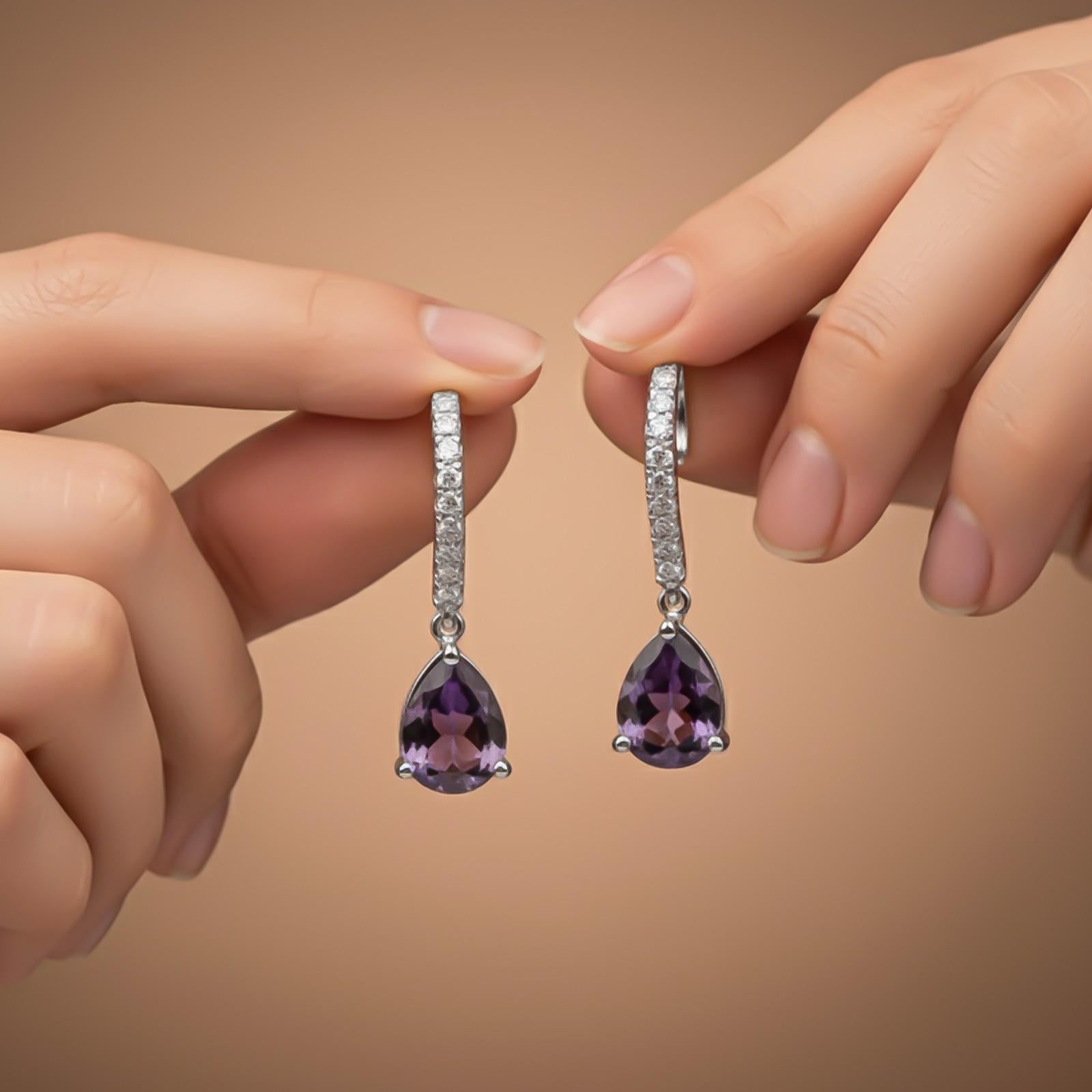 Silver Amethyst Teardrop Dangle Earrings