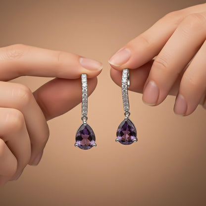 Silver Amethyst Teardrop Dangle Earrings