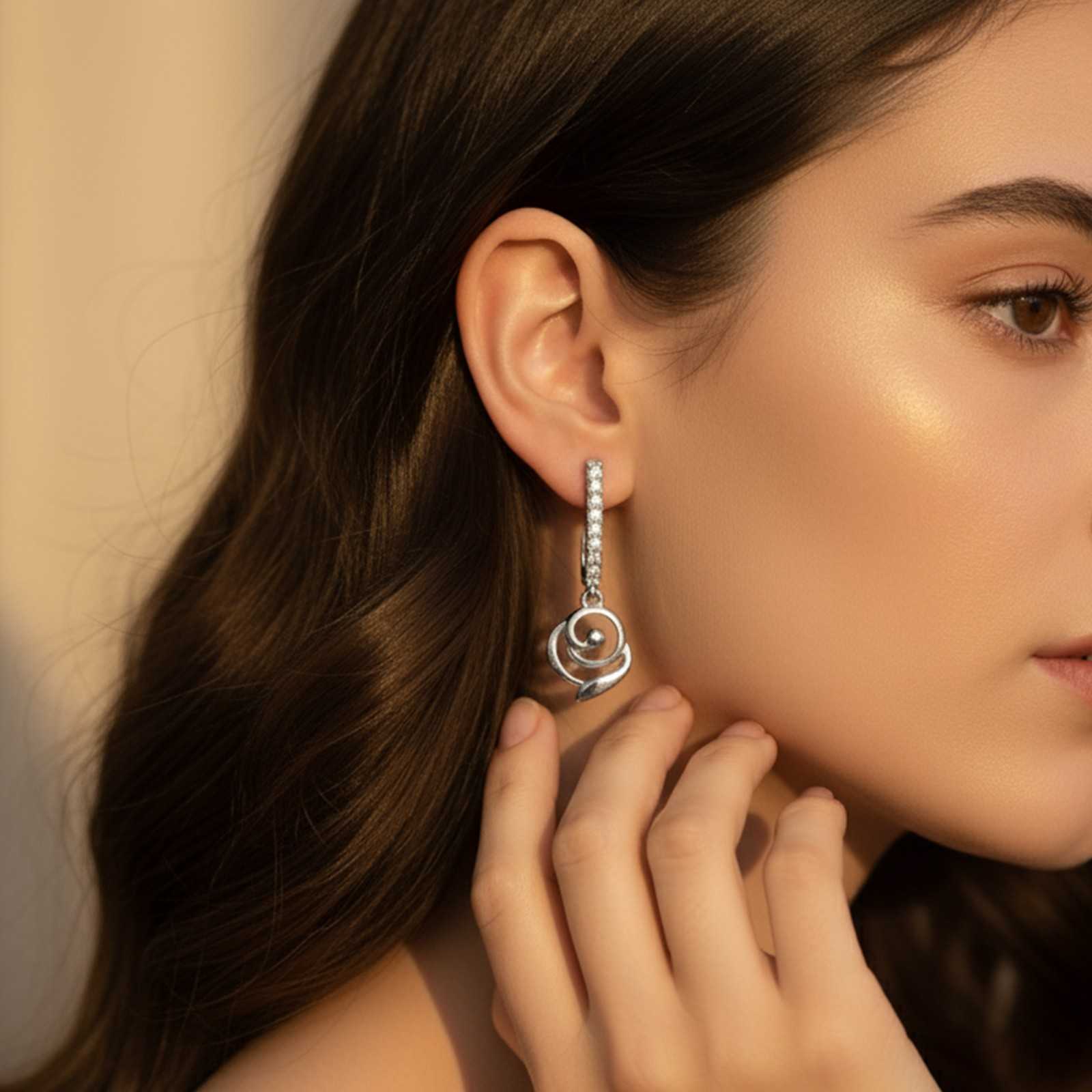 Silver CZ Spiral Drop Earrings for Women