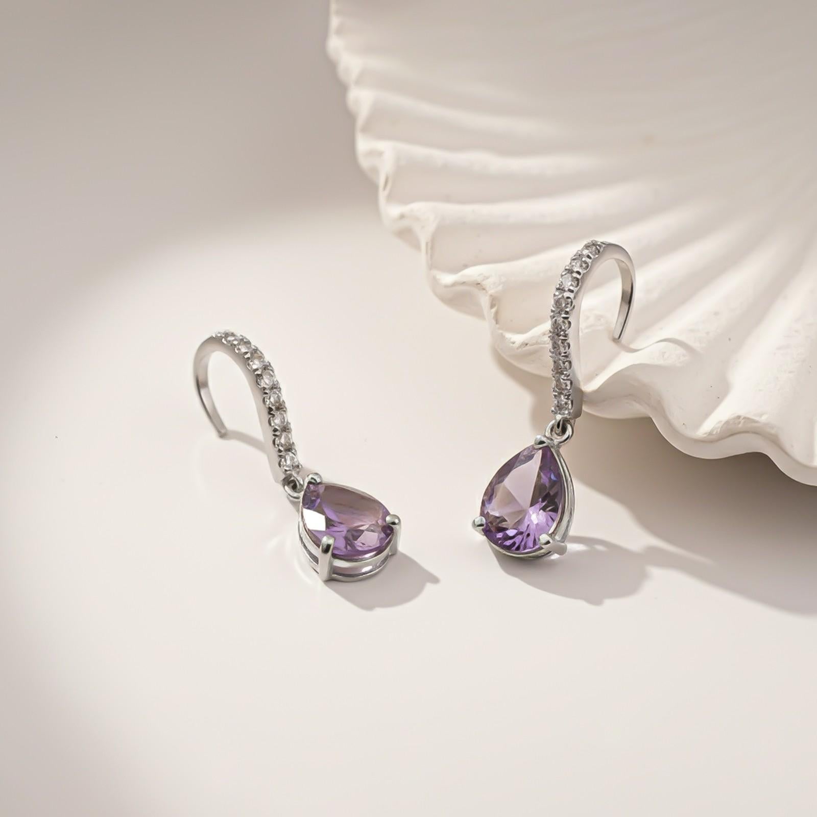 Silver Amethyst Teardrop Dangle Earrings