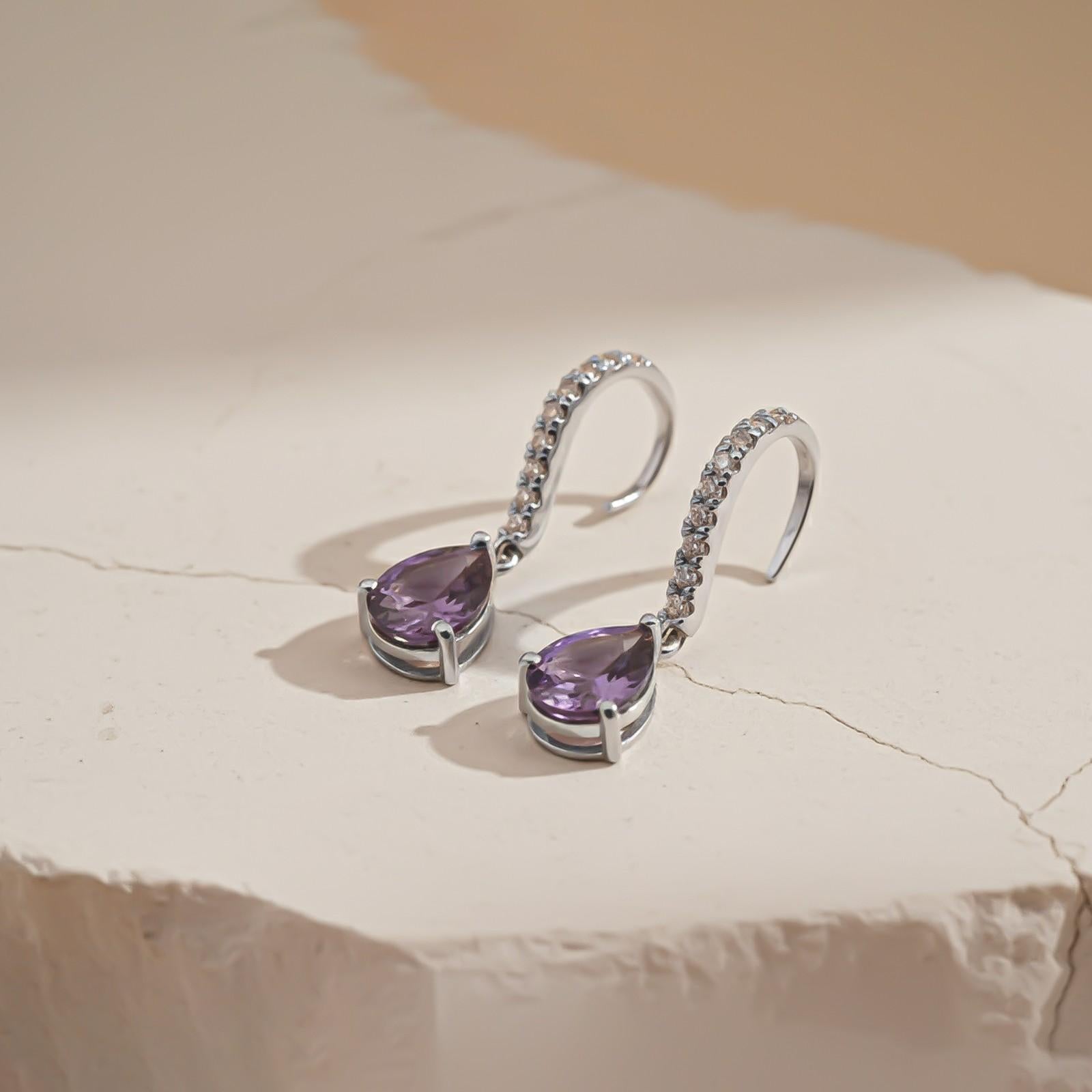 Silver Amethyst Teardrop Dangle Earrings
