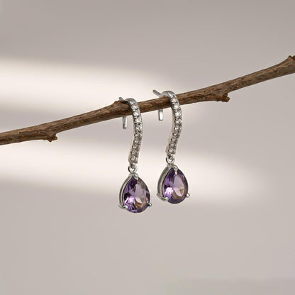 Silver Amethyst Teardrop Dangle Earrings