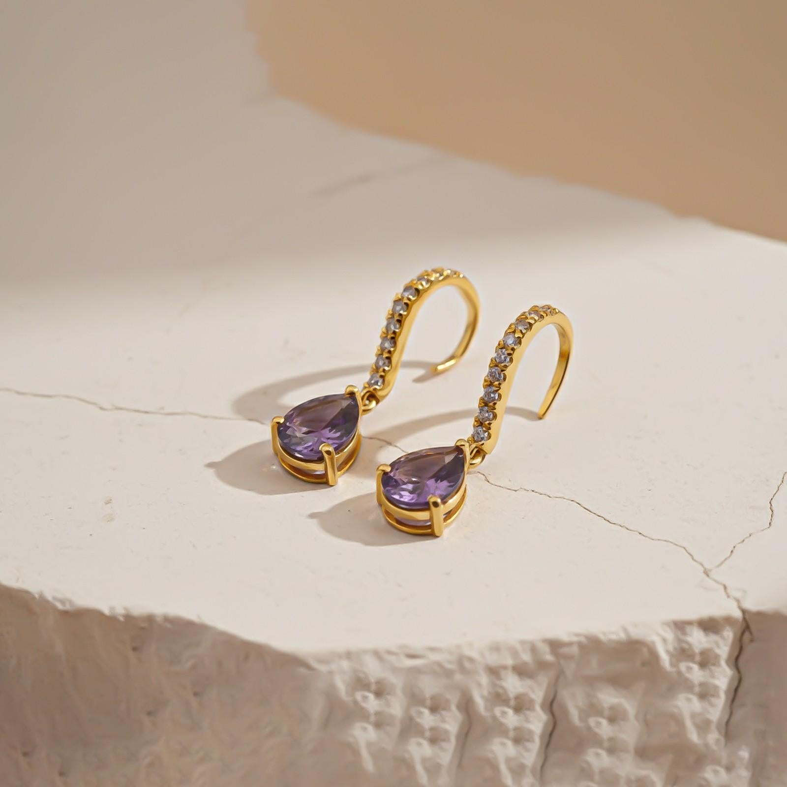 Silver Amethyst Teardrop Dangle Earrings
