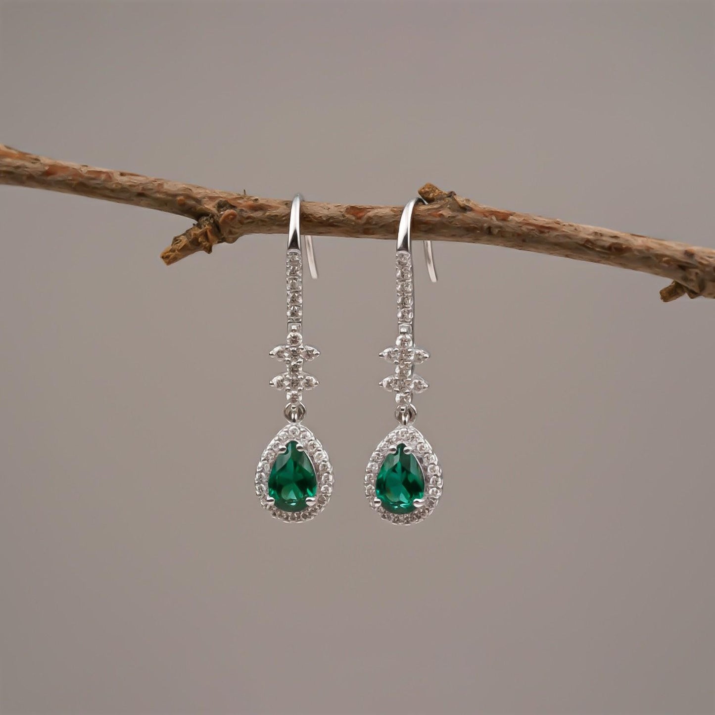 Silver Emerald Teardrop Star Dangle Earrings