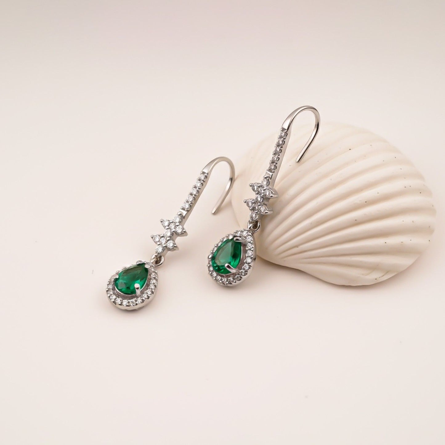 Silver Emerald Teardrop Star Dangle Earrings