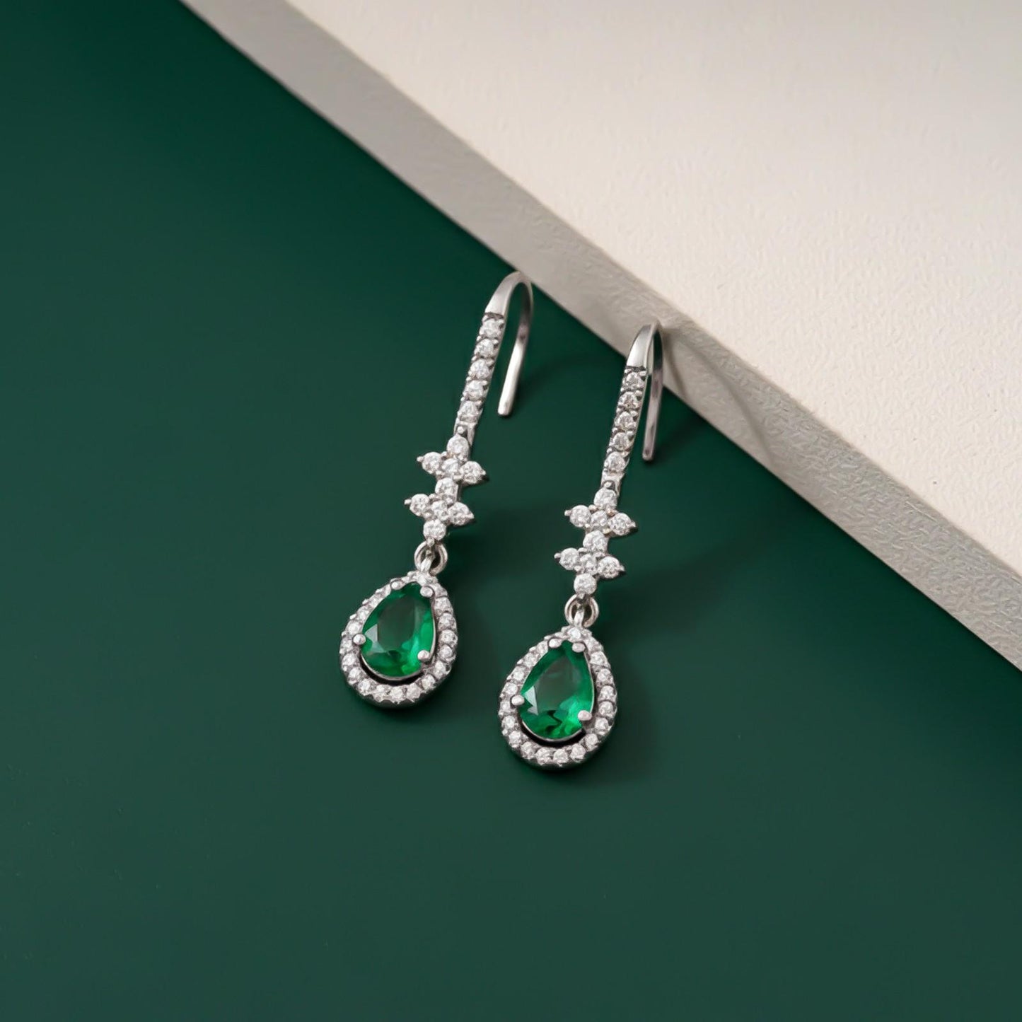 Silver Emerald Teardrop Star Dangle Earrings