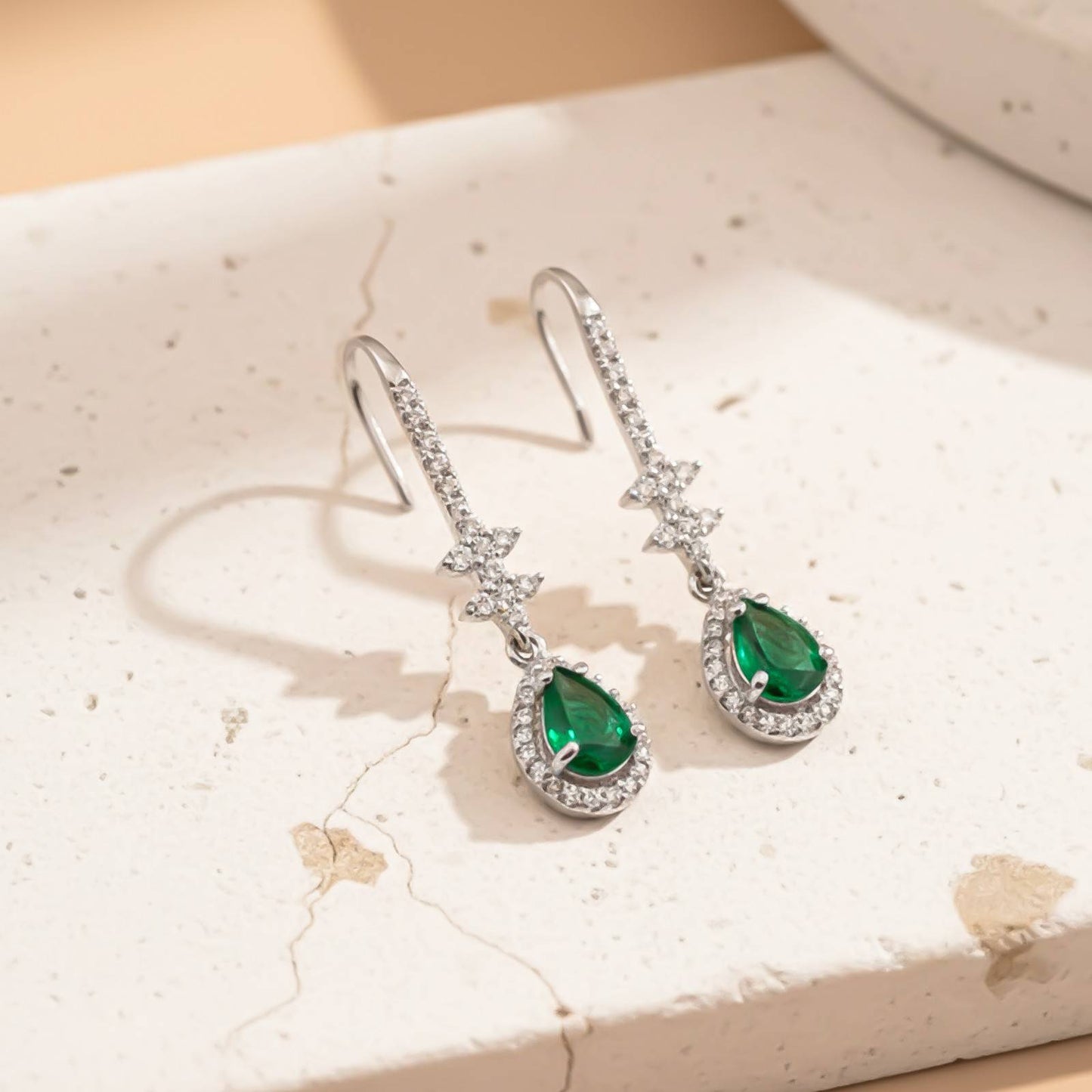 Silver Emerald Teardrop Star Dangle Earrings