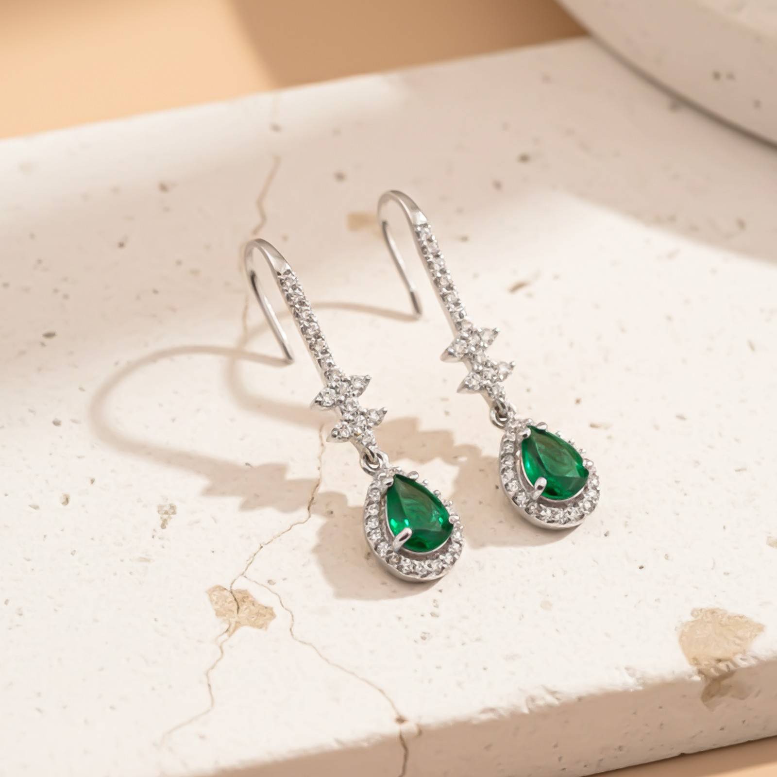 Silver Emerald Teardrop Star Dangle Earrings