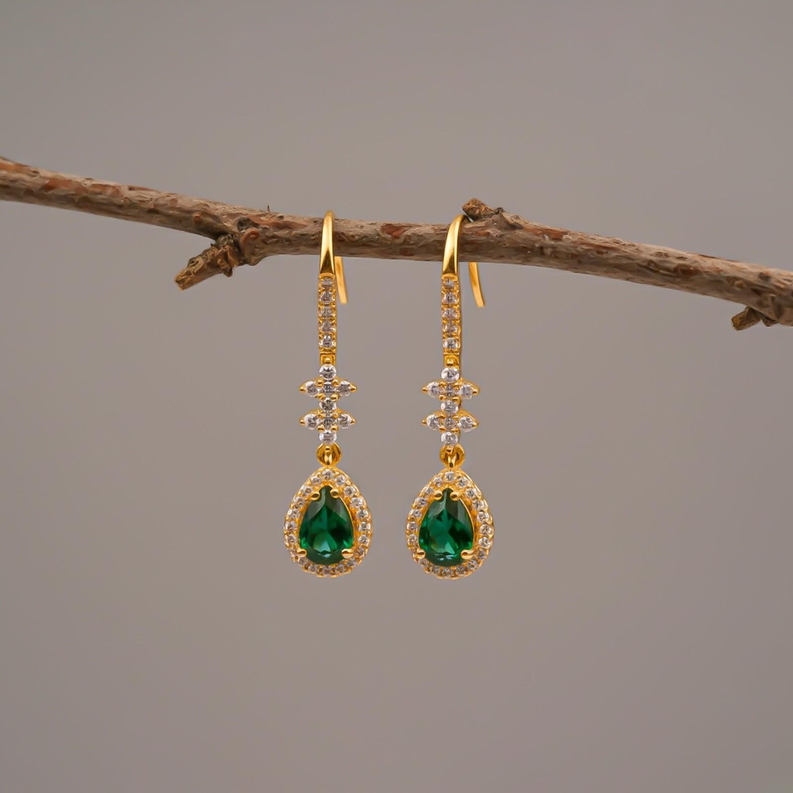 Silver Emerald Teardrop Star Dangle Earrings
