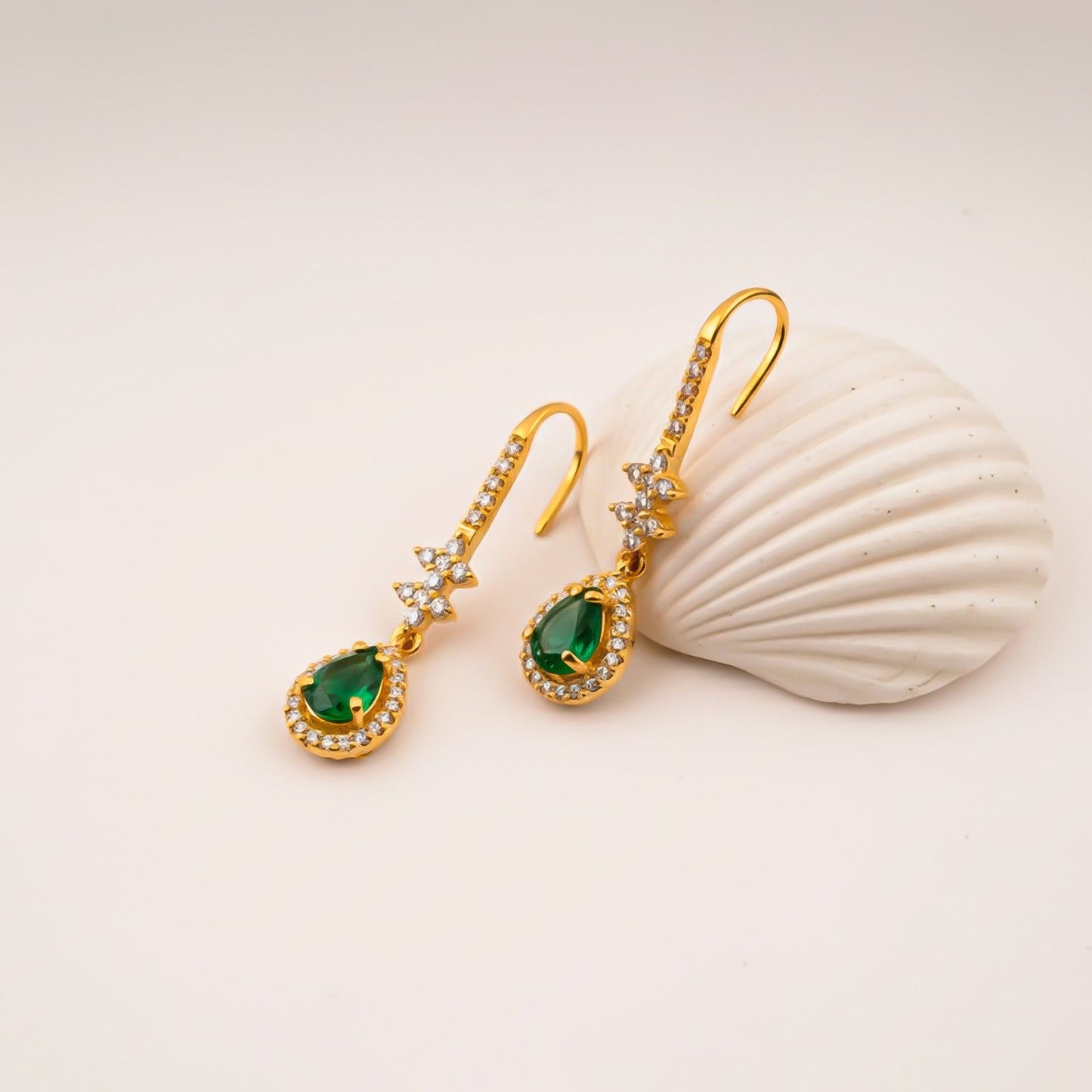Silver Emerald Teardrop Star Dangle Earrings