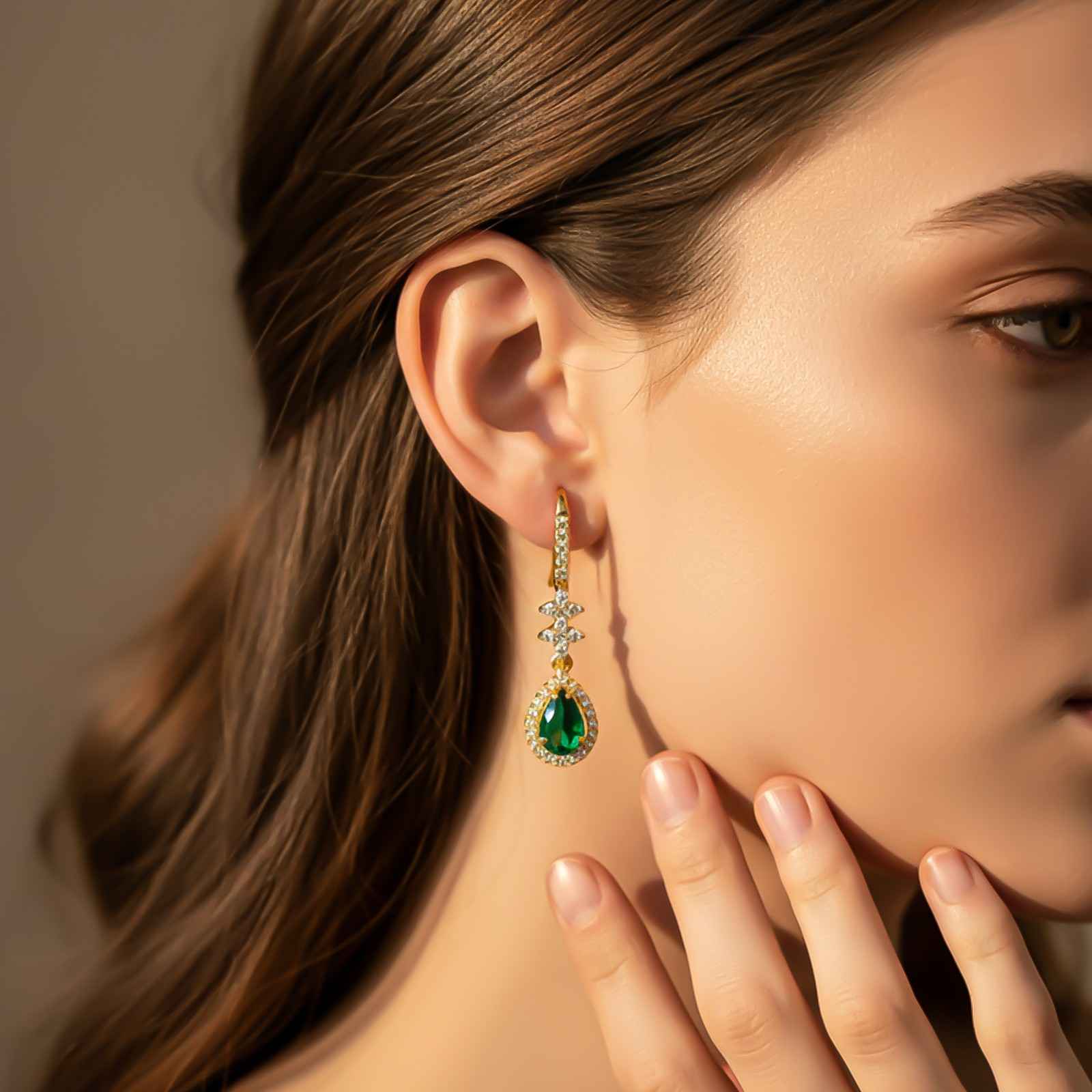 Silver Emerald Teardrop Star Dangle Earrings