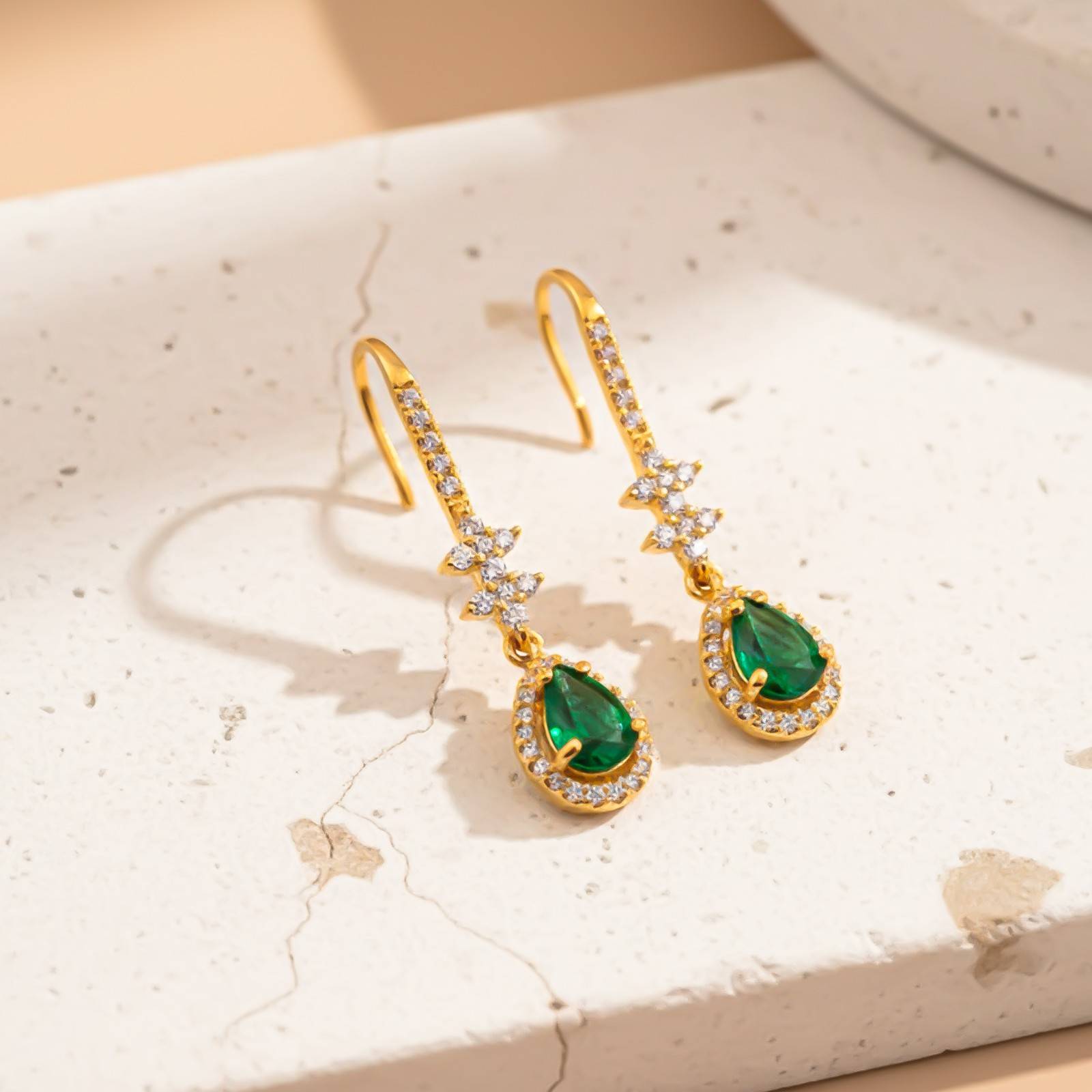Silver Emerald Teardrop Star Dangle Earrings