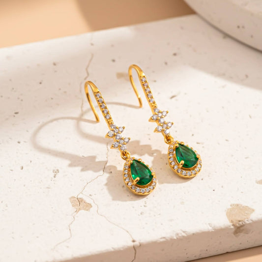 Silver Emerald Teardrop Star Dangle Earrings