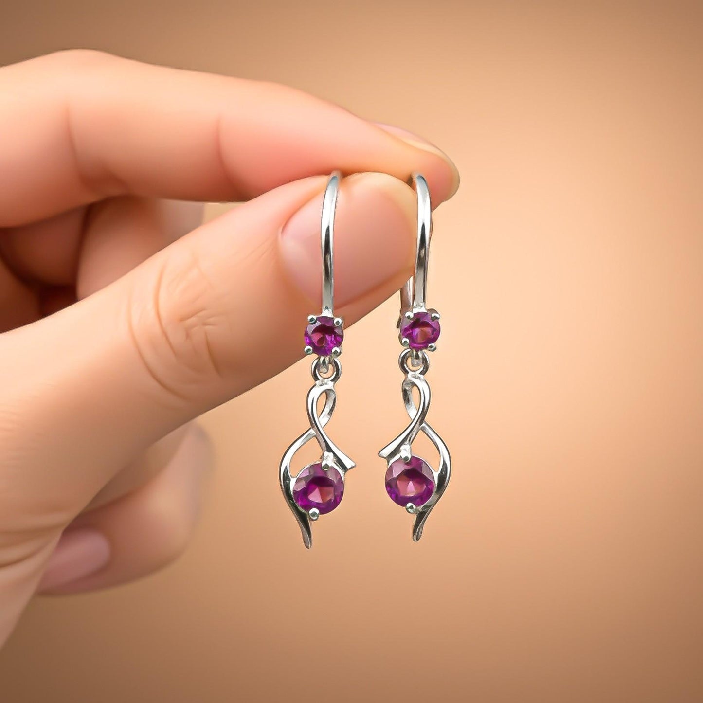 Silver Pink Ruby Twist Drop Earrings