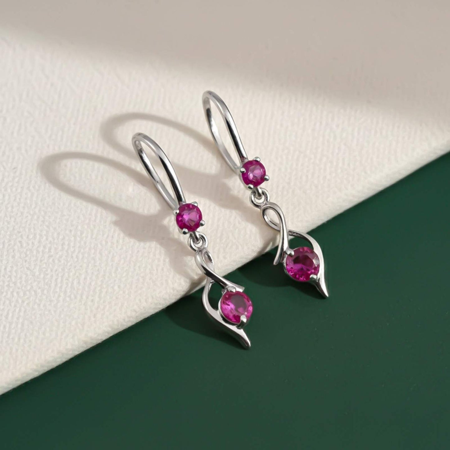 Silver Pink Ruby Twist Drop Earrings