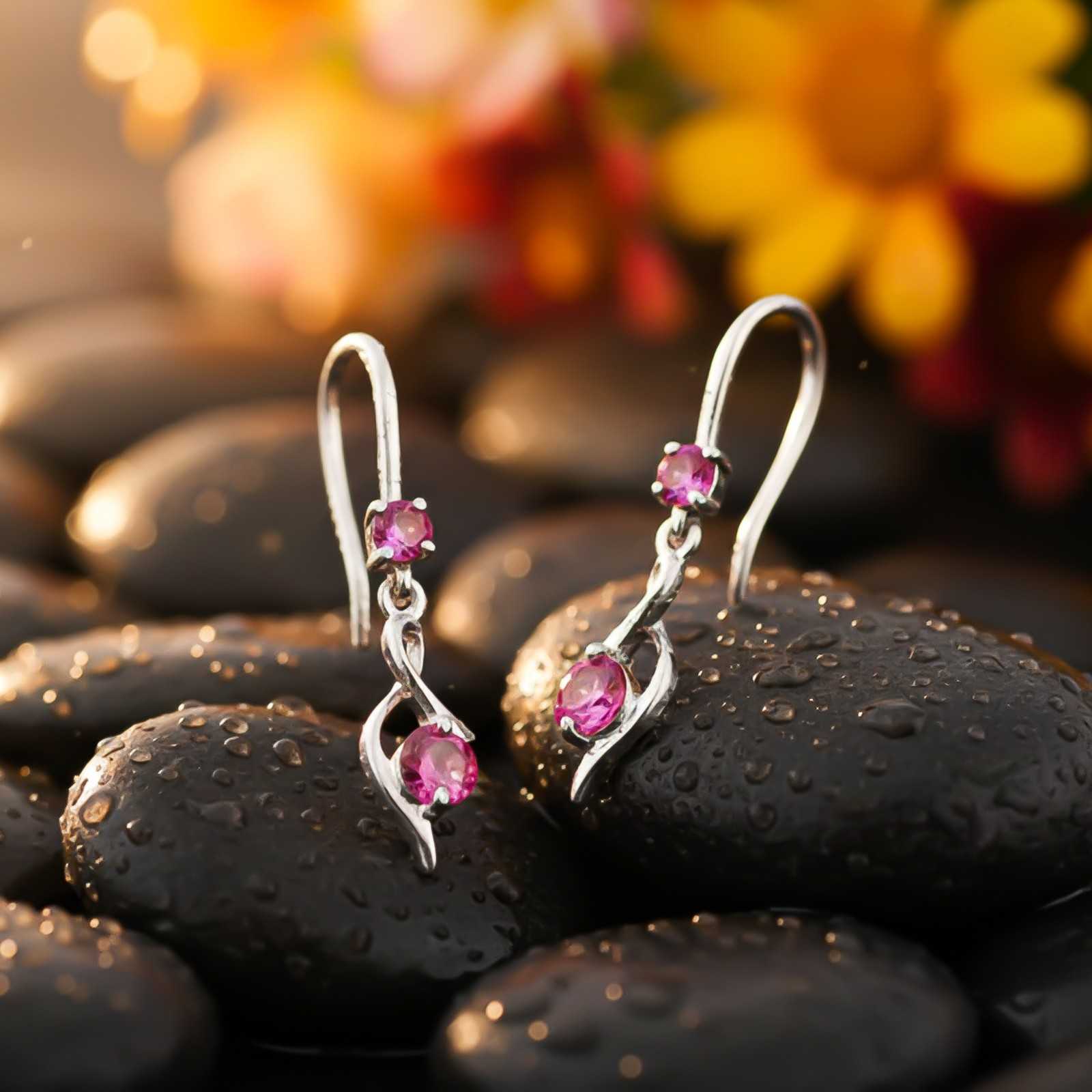Silver Pink Ruby Twist Drop Earrings