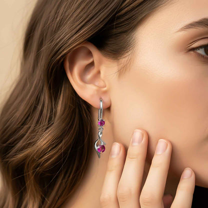 Silver Pink Ruby Twist Drop Earrings