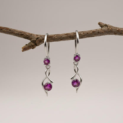 Silver Pink Ruby Twist Drop Earrings