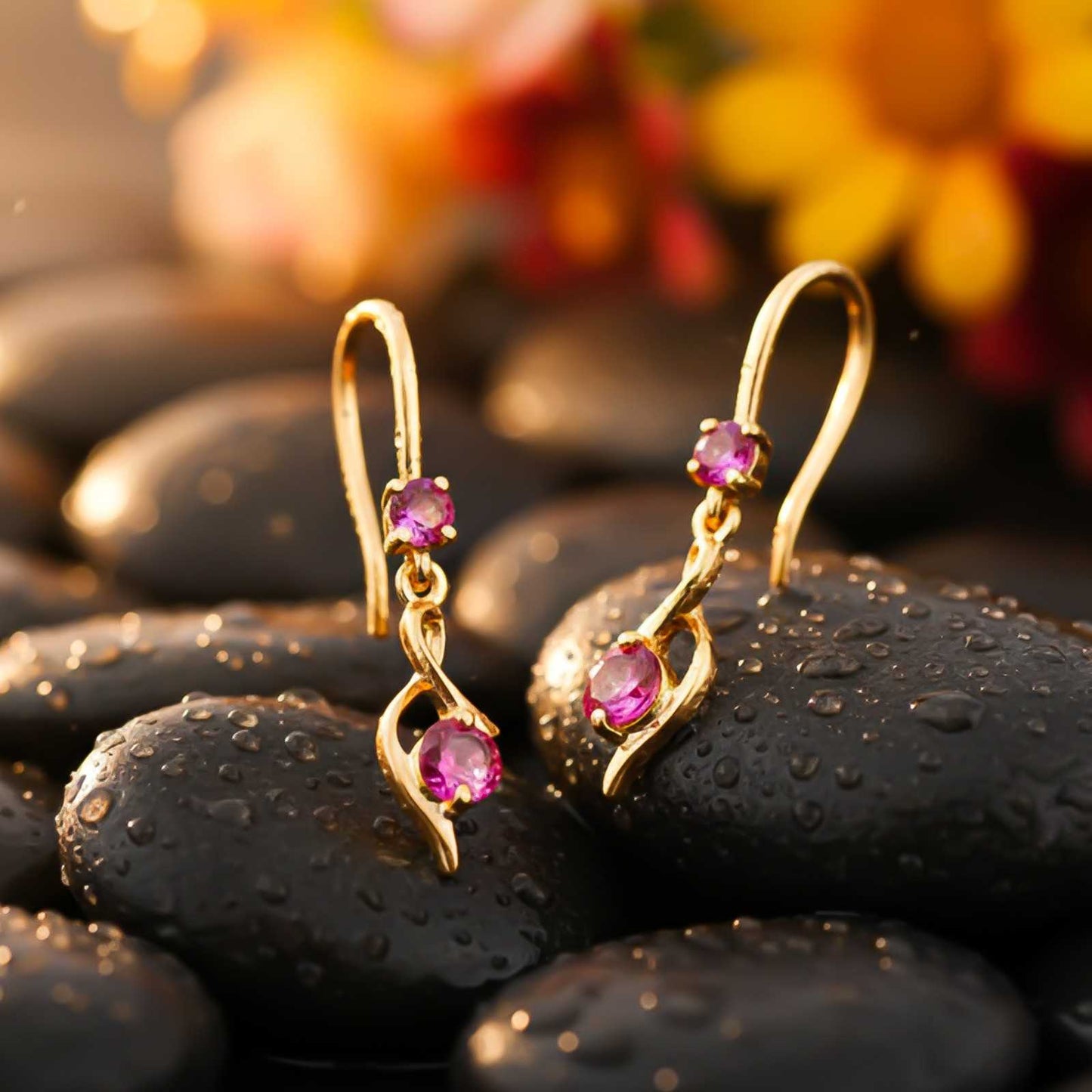 Silver Pink Ruby Twist Drop Earrings