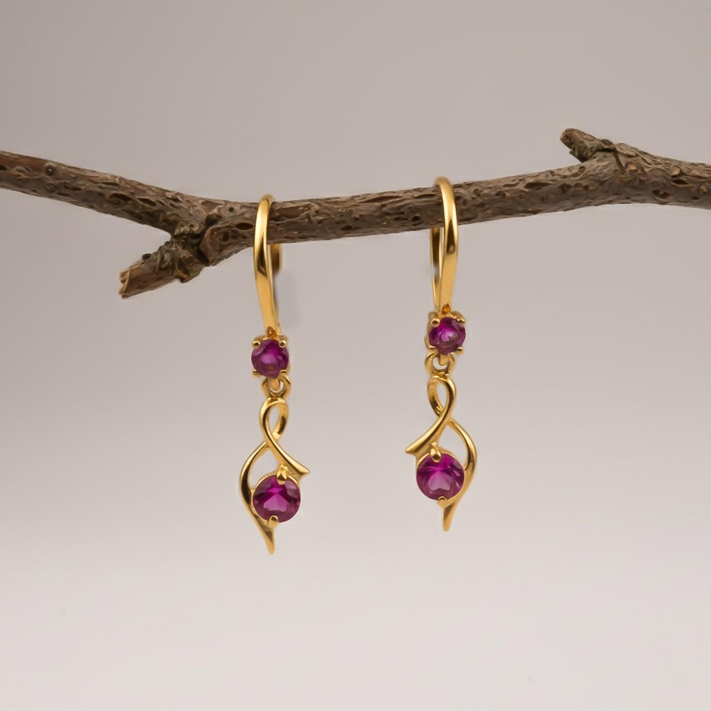 Silver Pink Ruby Twist Drop Earrings