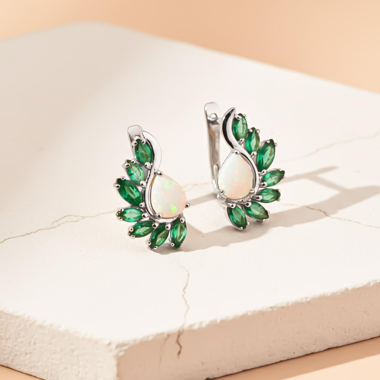 Silver Opal & Emerald Leaf Designer Earrings