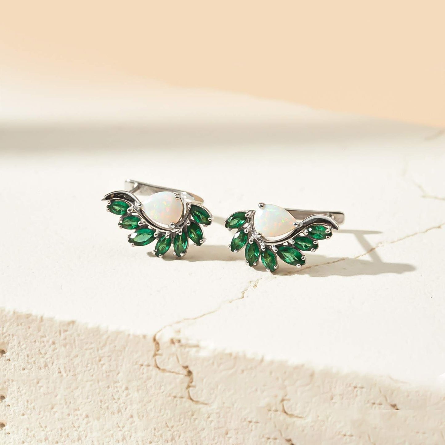 Silver Opal & Emerald Leaf Designer Earrings
