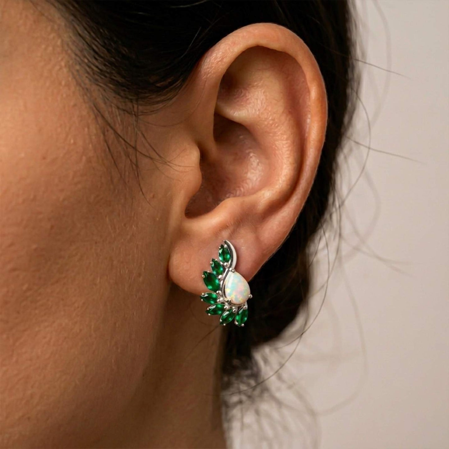 Silver Opal & Emerald Leaf Designer Earrings
