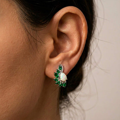 Silver Opal & Emerald Leaf Designer Earrings
