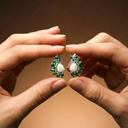 Silver Opal & Emerald Leaf Designer Earrings