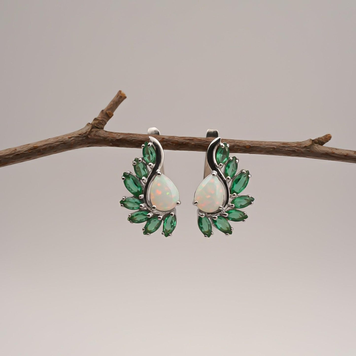 Silver Opal & Emerald Leaf Designer Earrings